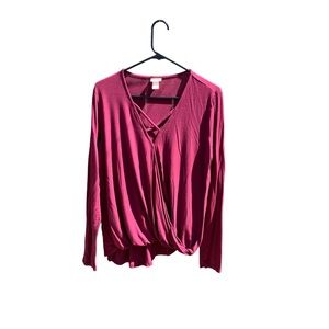 Mossimo Target Top Shirt Blouse Maroon Size Large Long Sleeve Cross Neck